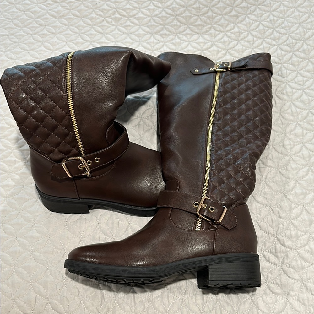 Brown Quilted Knee-High Boots
